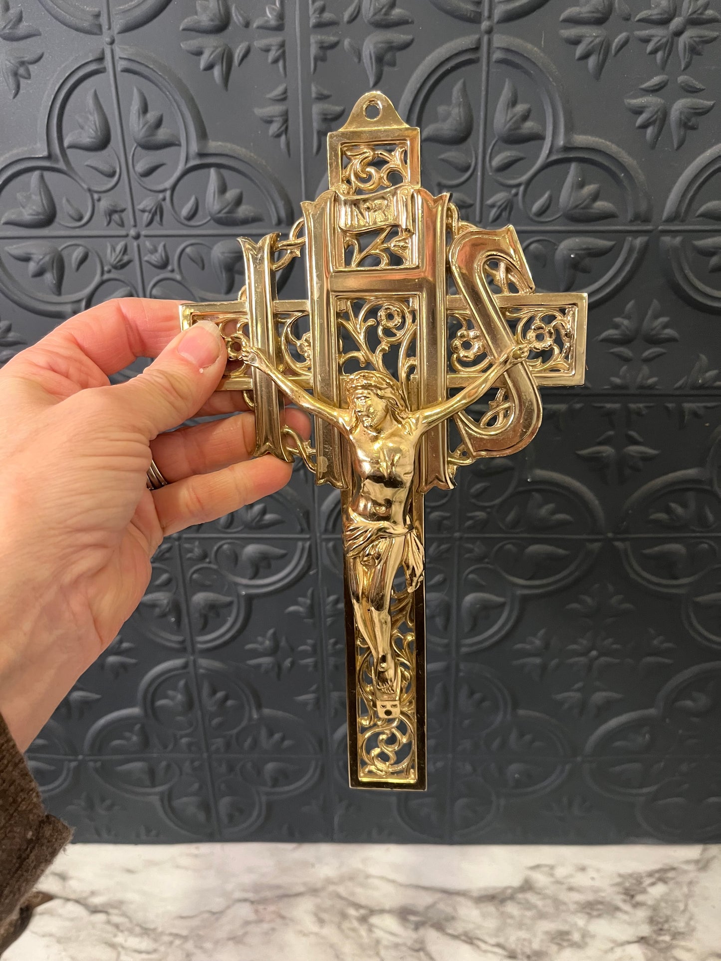 Vintage Gold Tone Filigree Ihs Cross