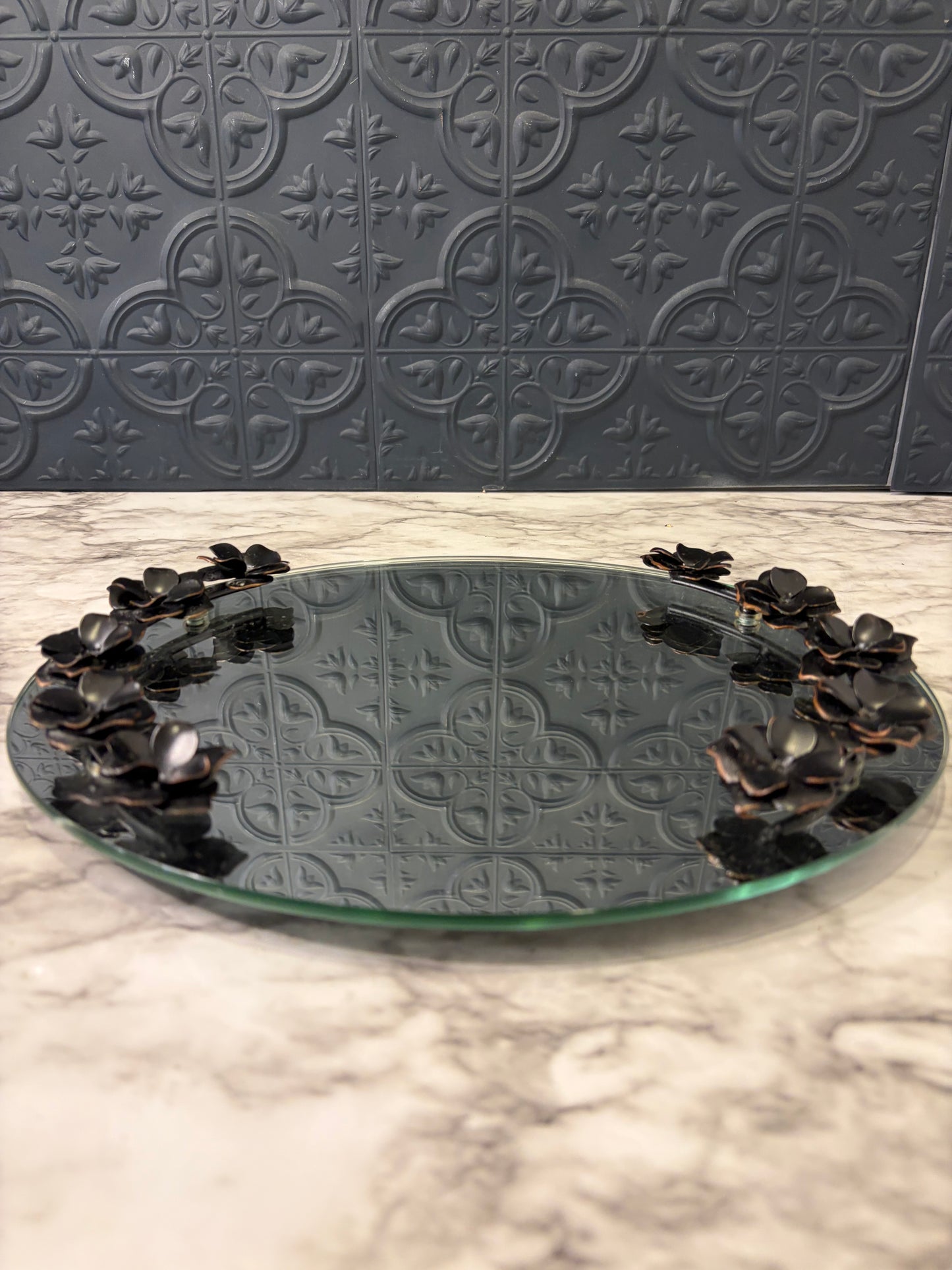 Oval Mirror Tray with Black Roses