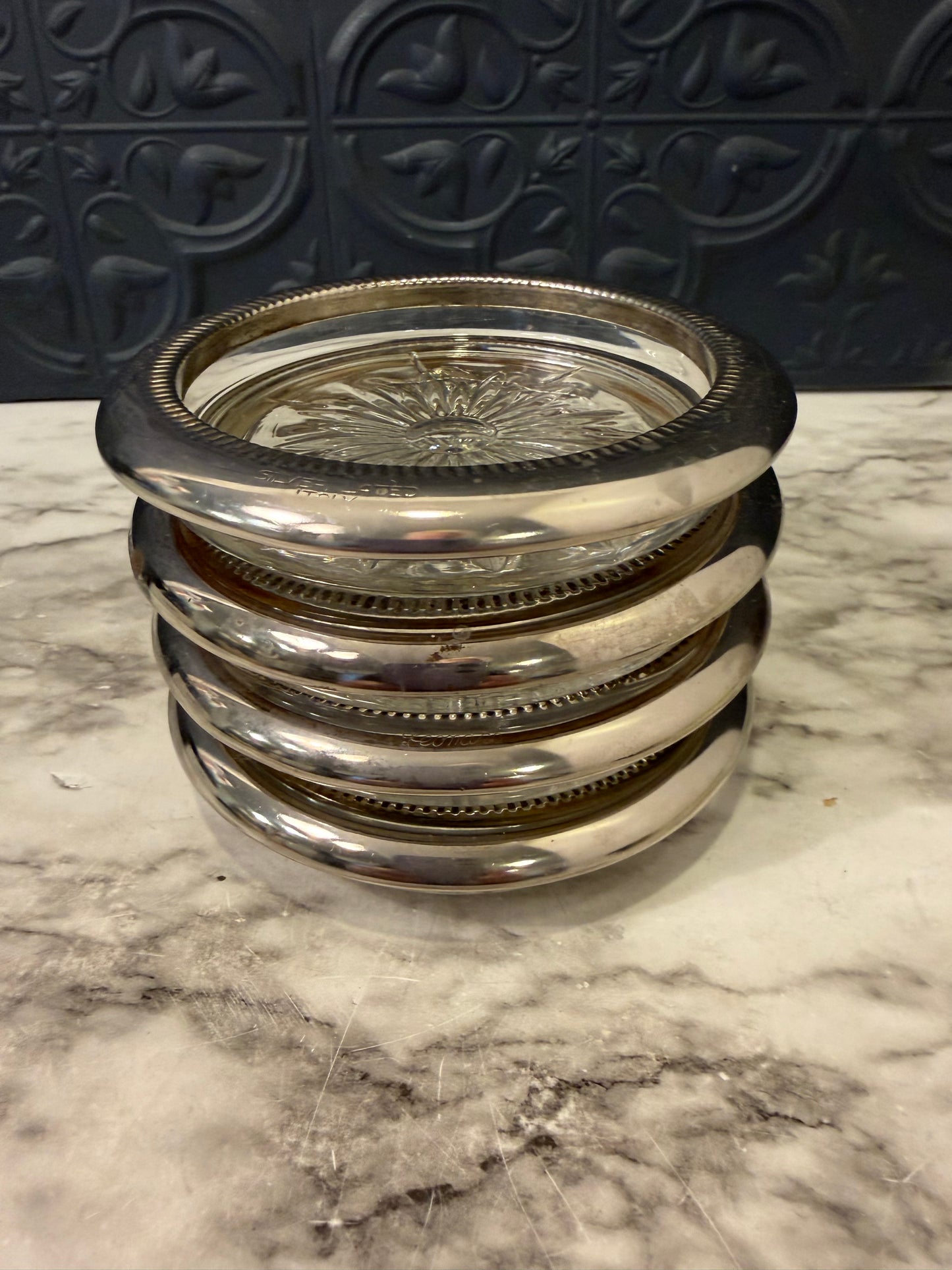 Glass Coasters with Silver Plate Rim Set of 6
