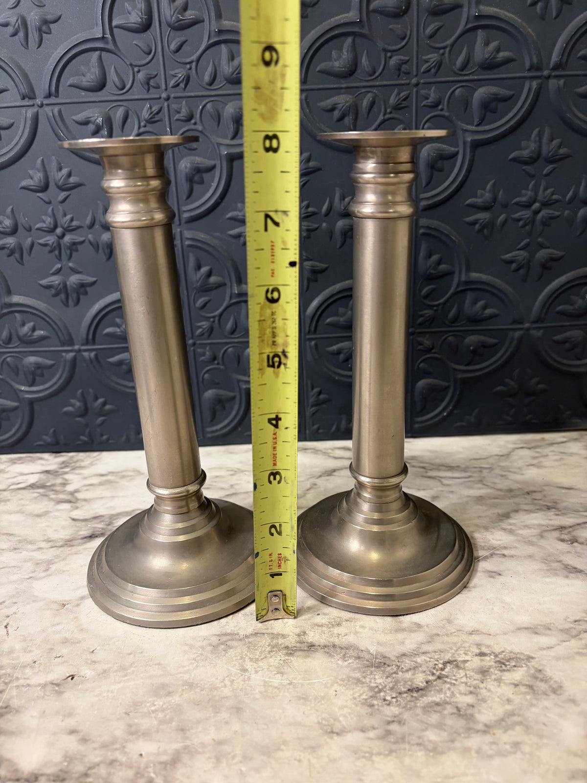 Pair of Pewter Candle Holders 8"