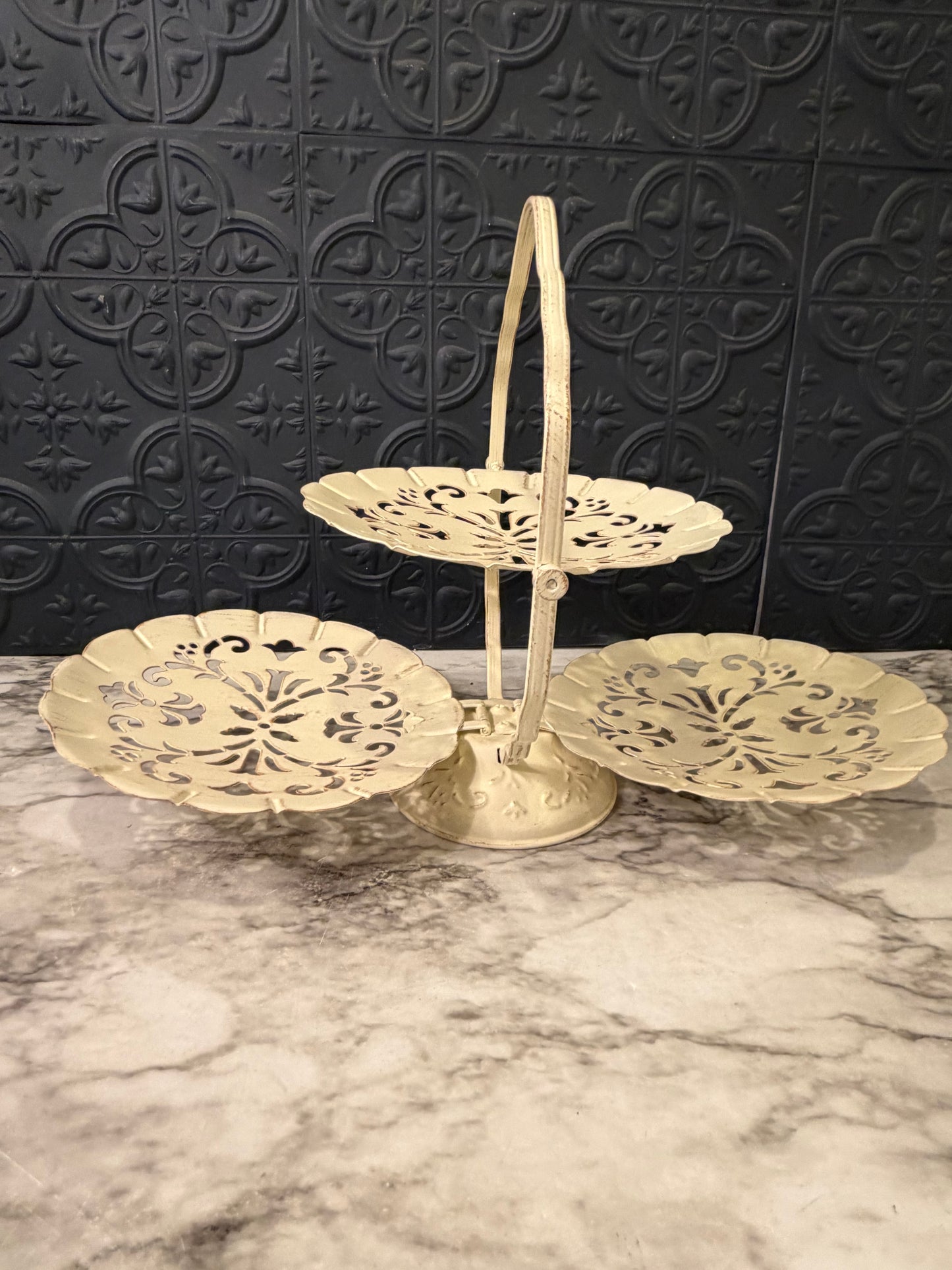 Folding 3 Tier Cream Metal Serving Tray