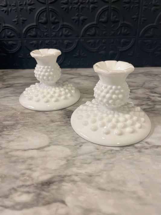 Milk Glass Hobnail Candle Holder  x 2