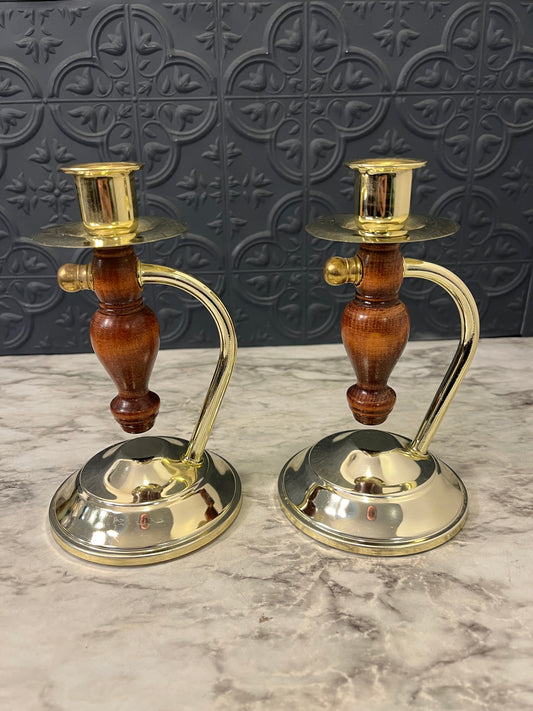Set of 2 Home Interior Convertible Candle Holder wood and brass