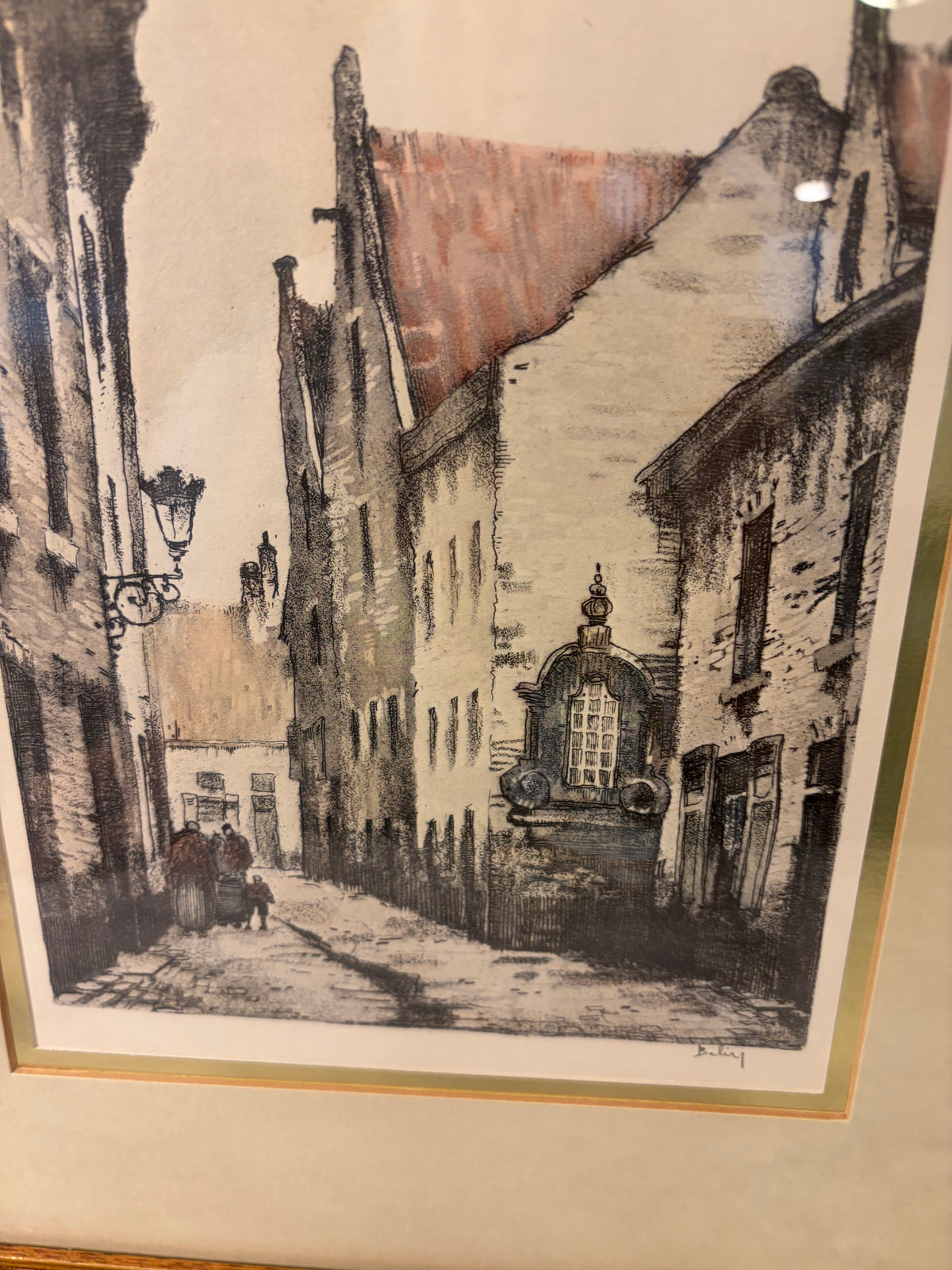 Print of Colored Etching by Roger Hebbelinck European Street