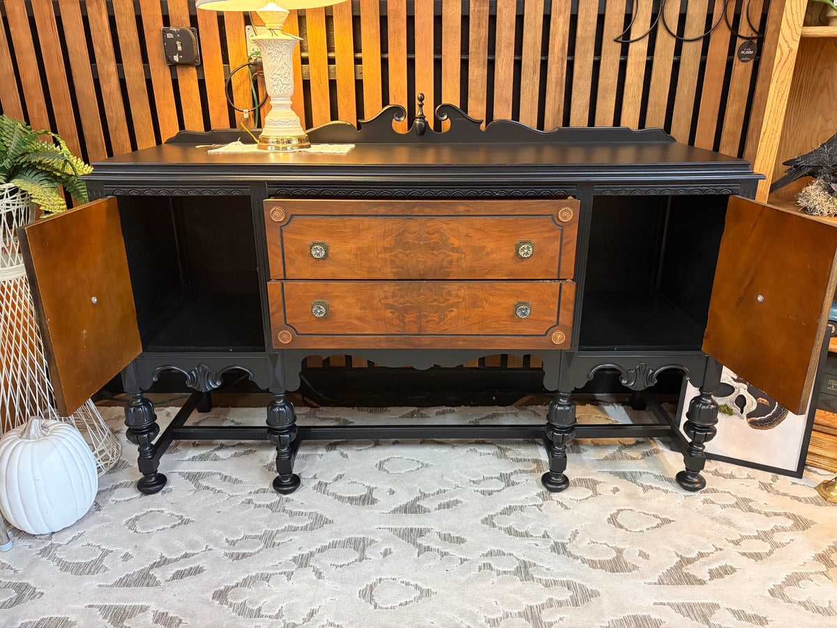 Antique Refinished Buffet 66" Long Black and Wood Finish