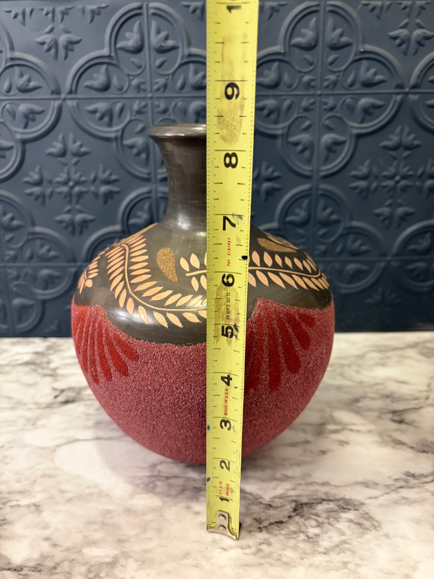 Decorative Pink and Grey Vase with Leaf Pattern