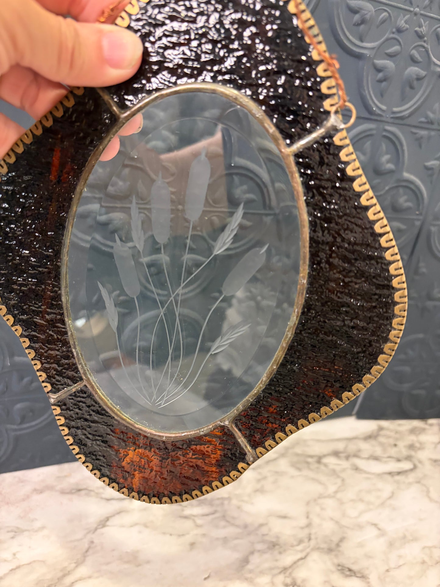 Brown Stained Glass with Wheat Etching