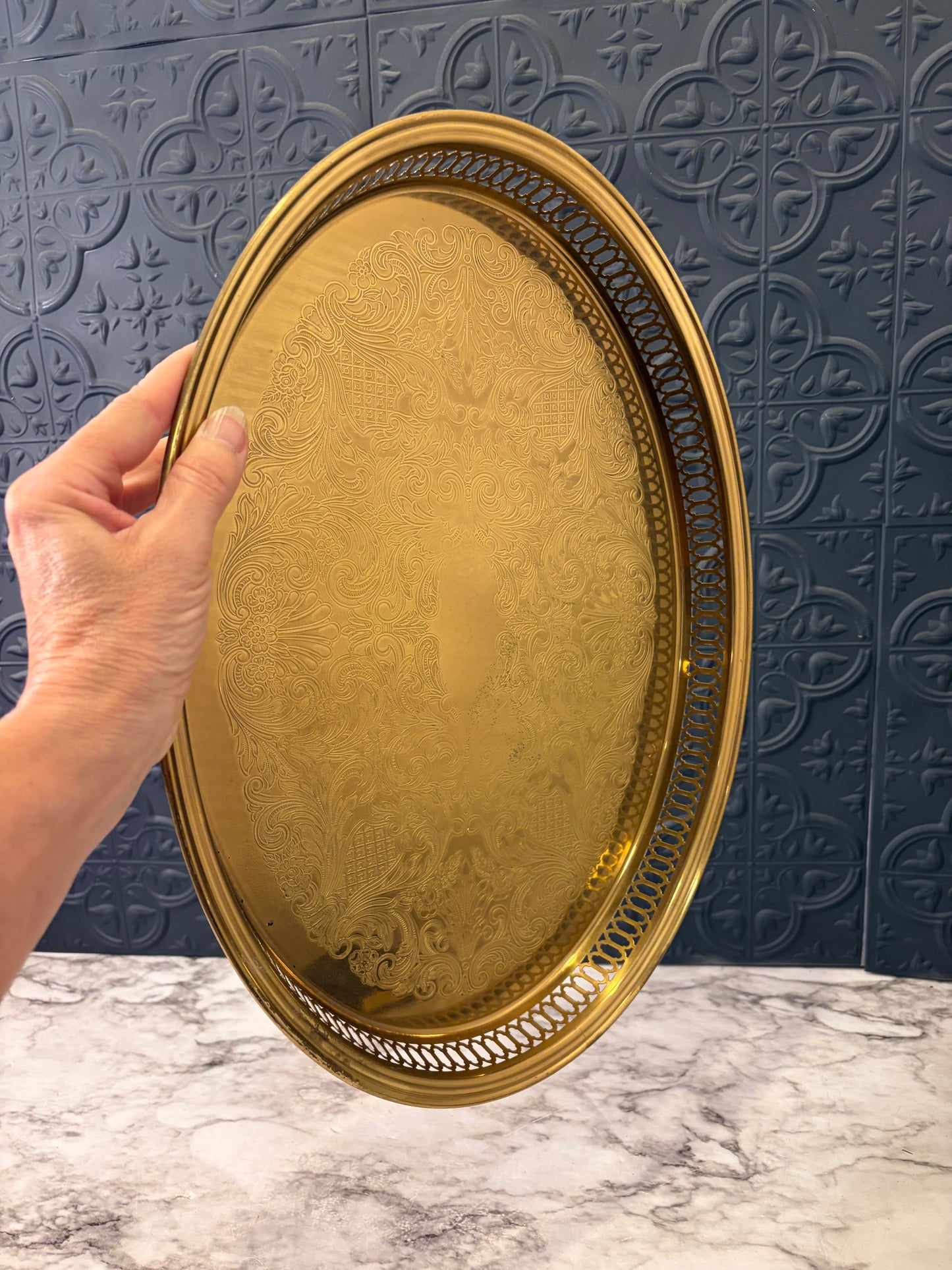Brass 16" Etched Round Tray