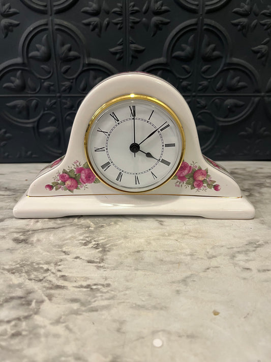 Porcelain Mantle Clock with Pink Flowers untested