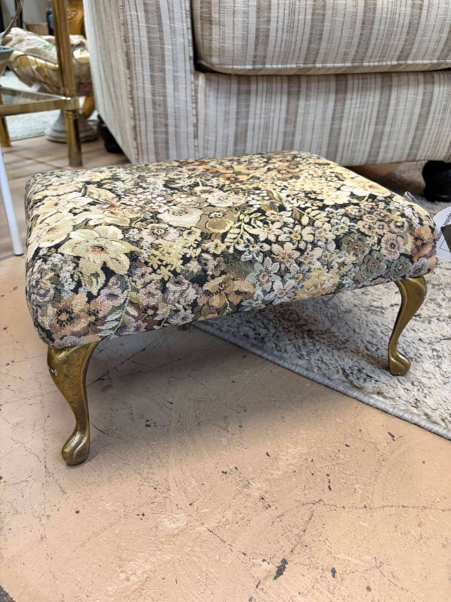 Tan and Black Floral Stool with Metal Legs