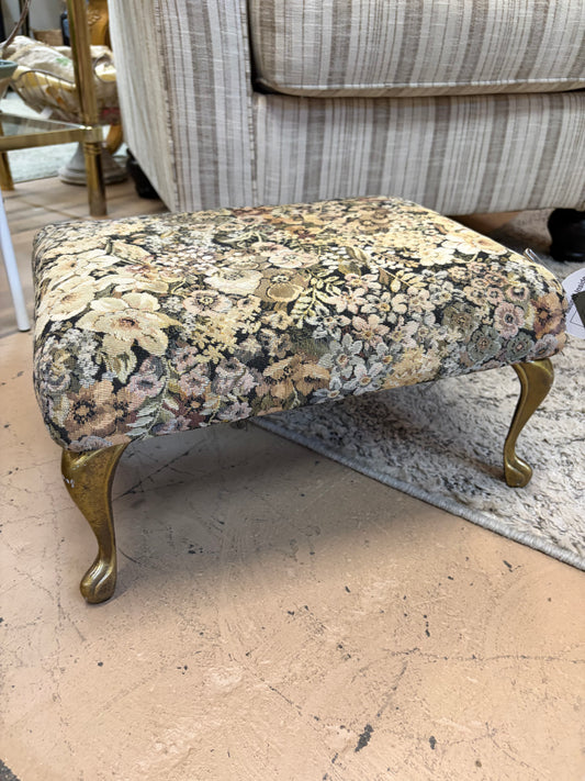 Tan and Black Floral Stool with Metal Legs