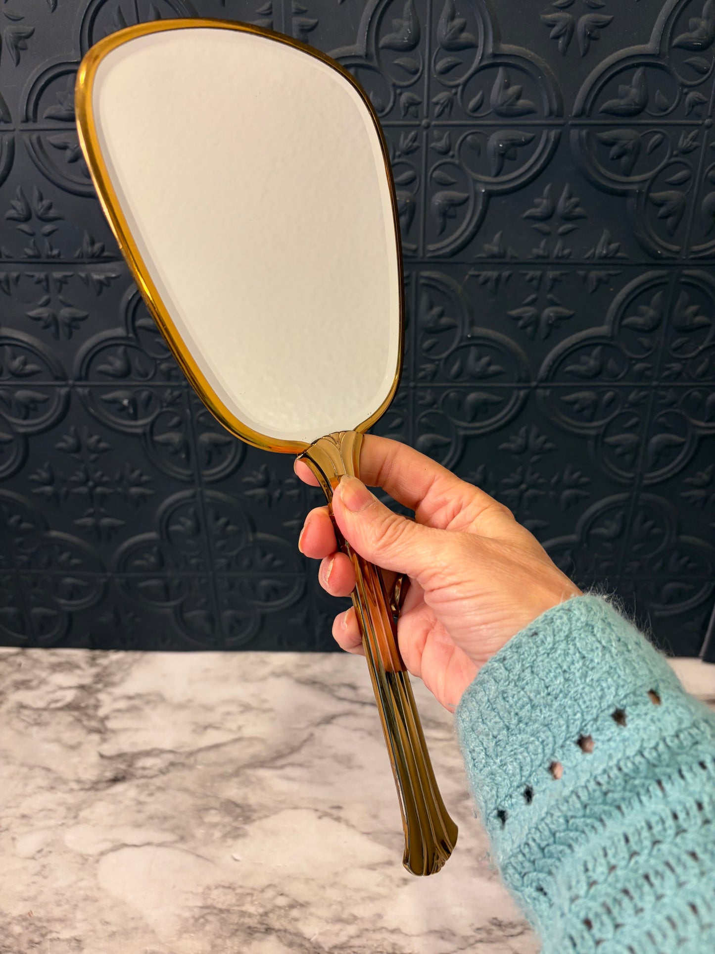 Goldtone Floral Hand Mirror