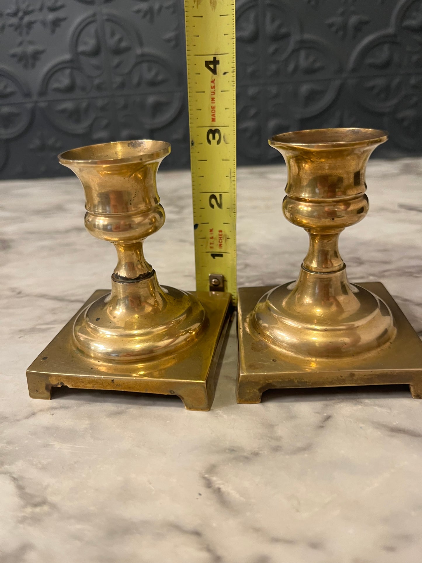 Brass Set of Candle Holders Short with Square Base
