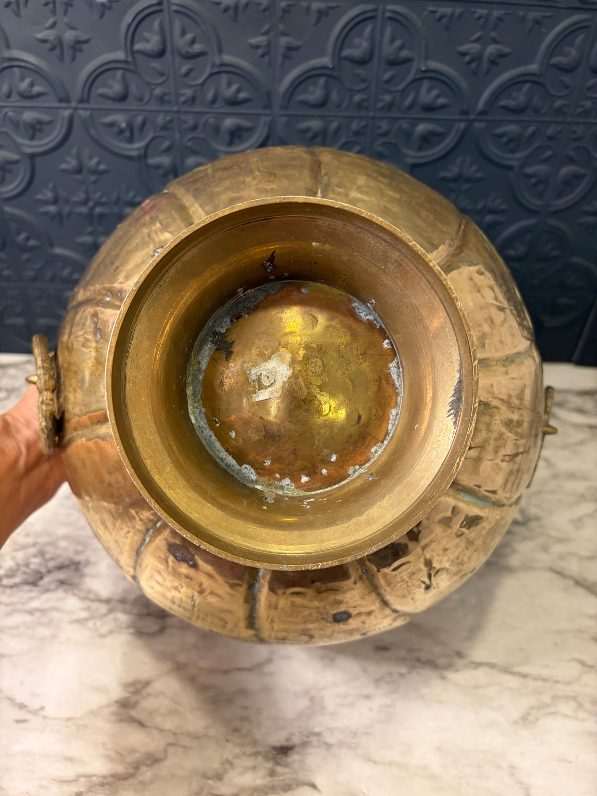 Large Brass Planter with Lion Head Handles