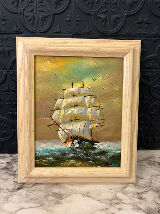 Original Oil Painting Sunset Ship