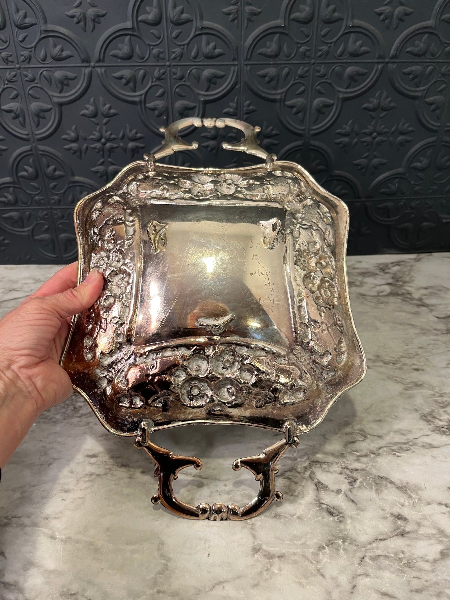 Silver plated serving dish with Handles and floral motif