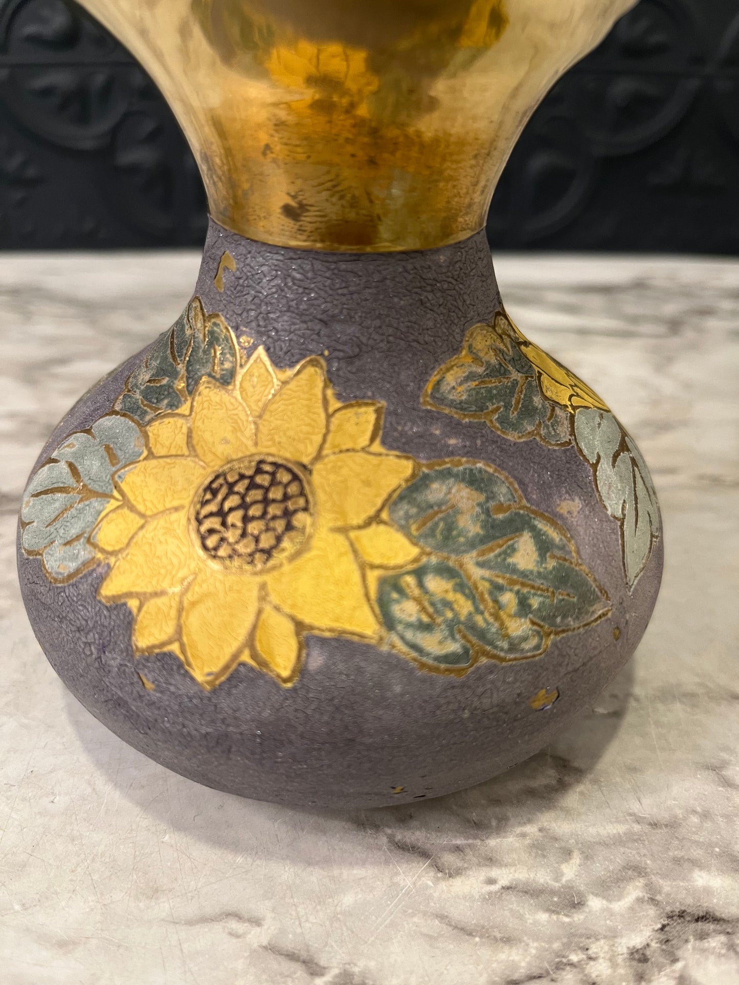 Brass and Enamel Pitcher with Sunflower