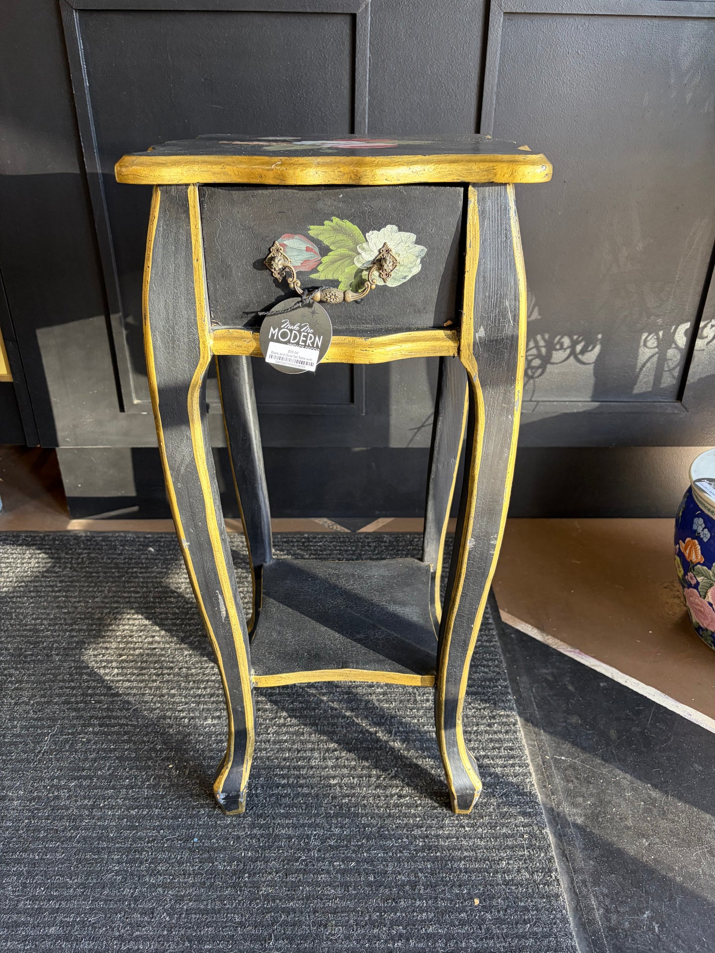 Black and Gold Tall Table with Handpainted Flowers