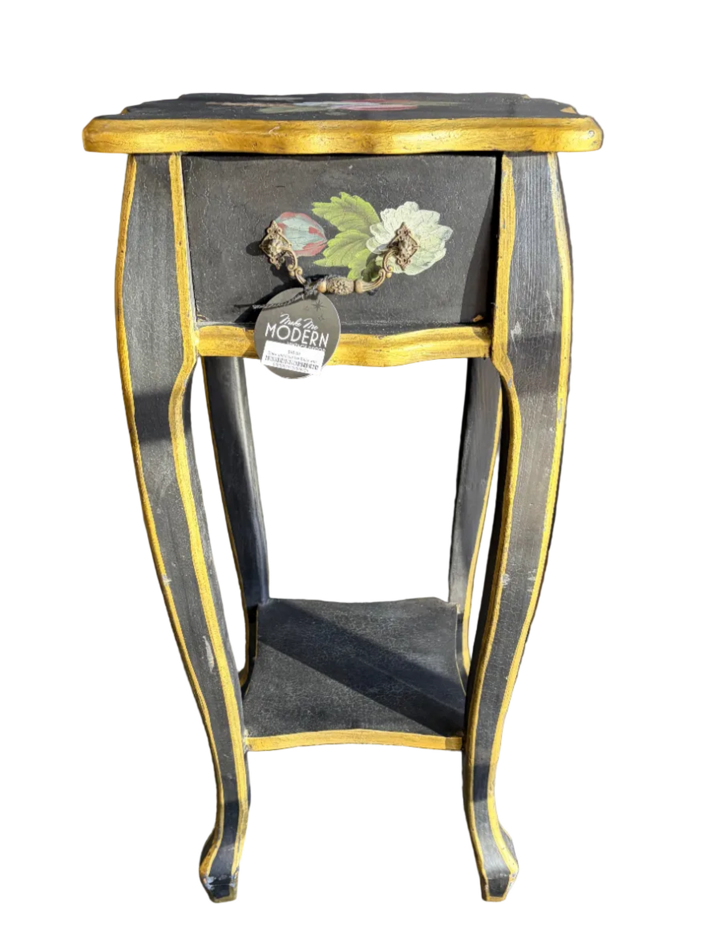 Black and Gold Tall Table with Handpainted Flowers