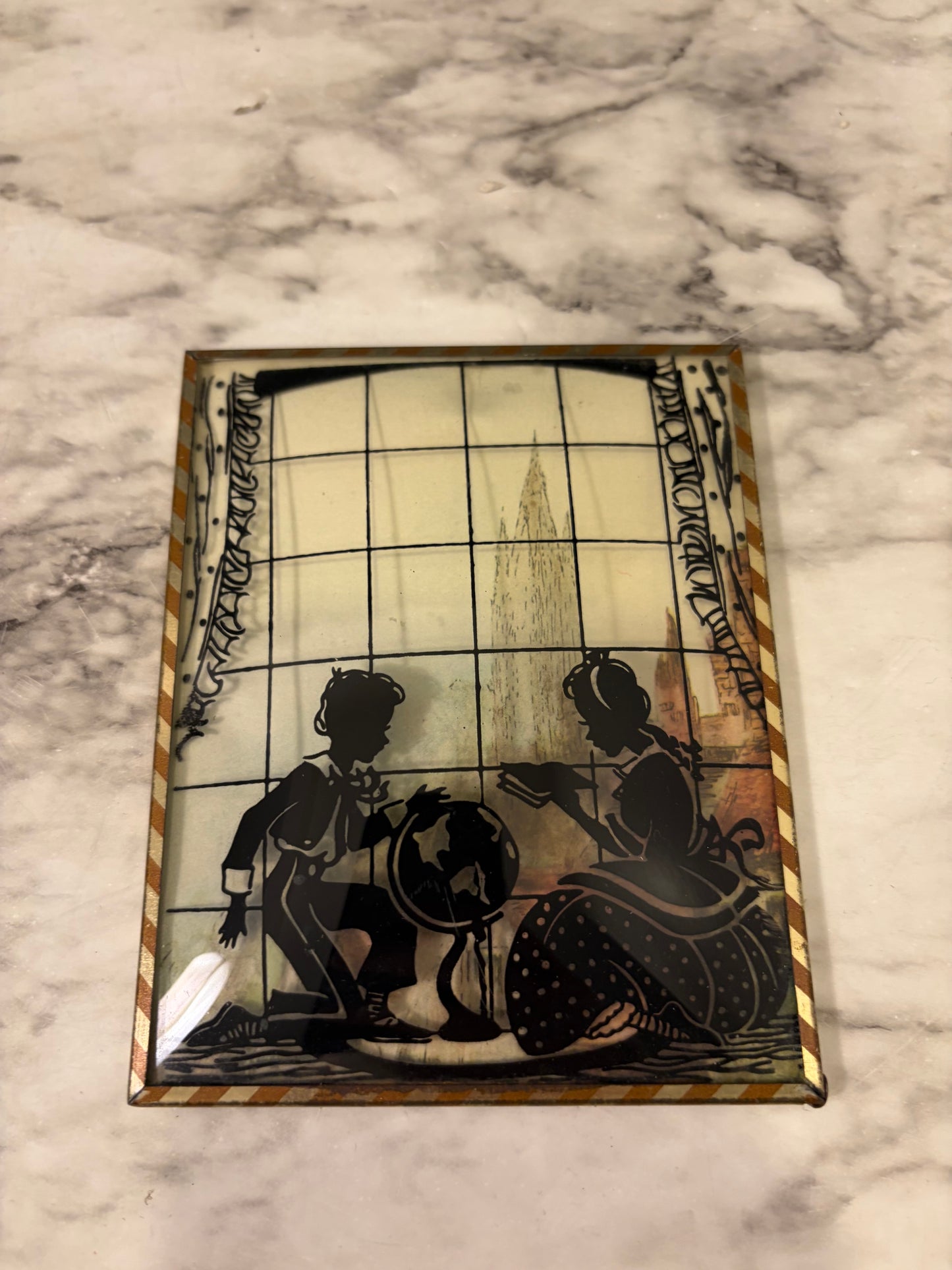 Reverse Painted Convex Silhouette Couple Reading/Globe