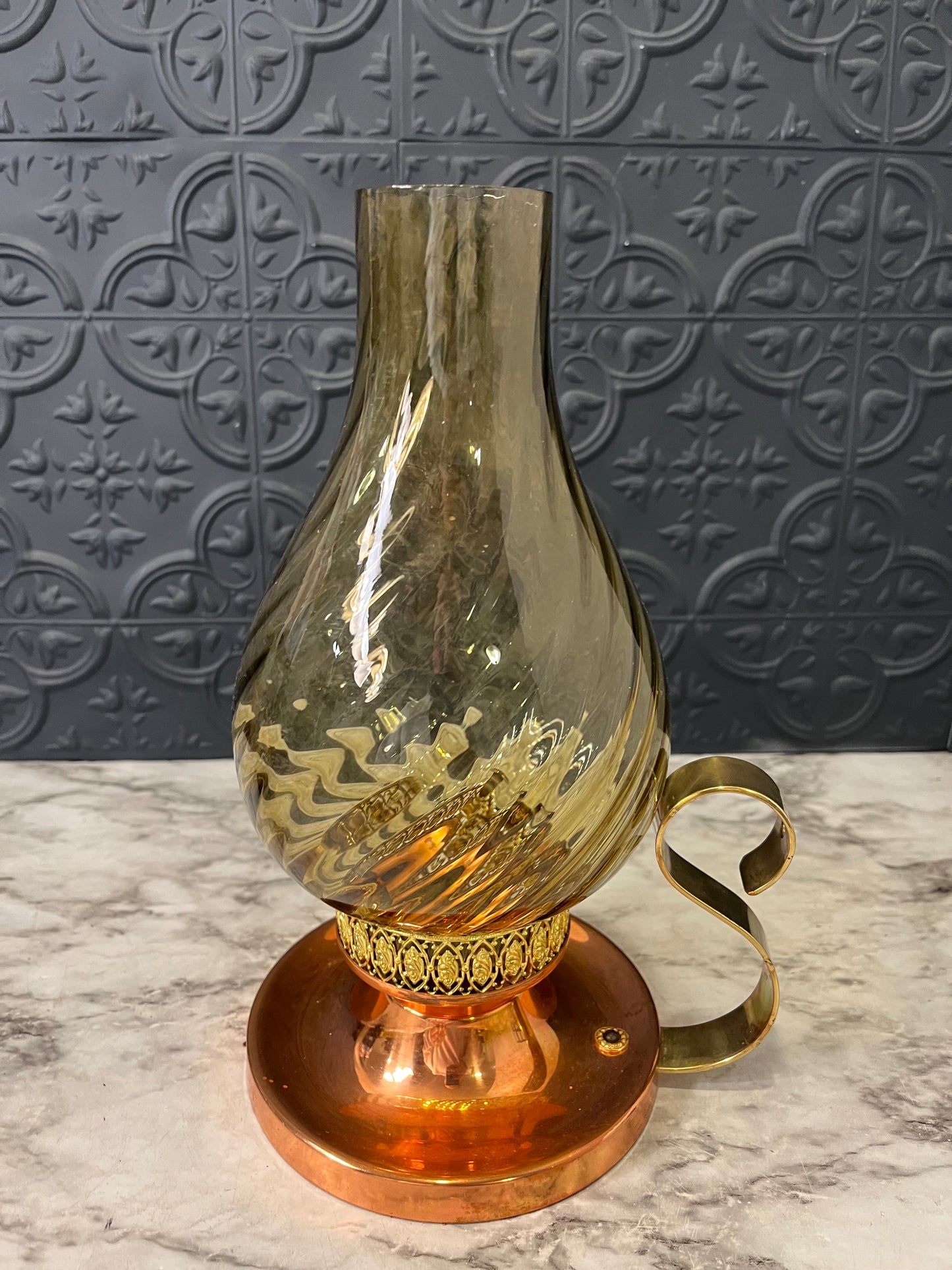 Copper and Brass Hurrican Lamp with Smoke Glass