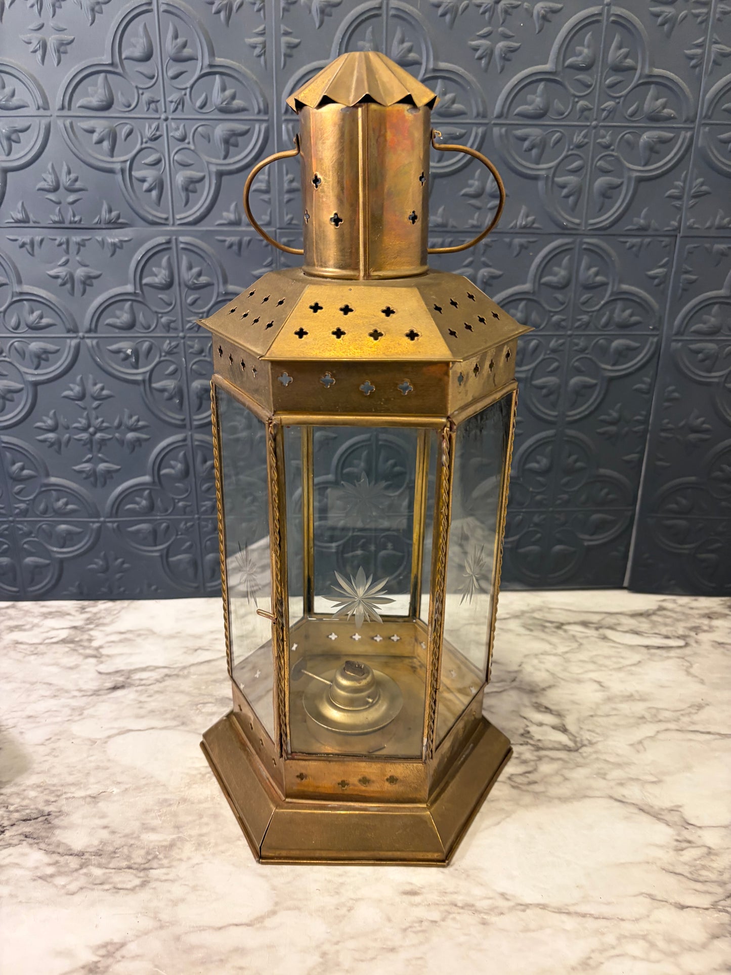 Brass Oil Lantern with Etched Glass