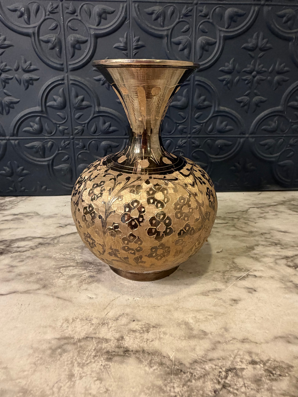 Brass Vase with Etched Flowers and Round Bottom