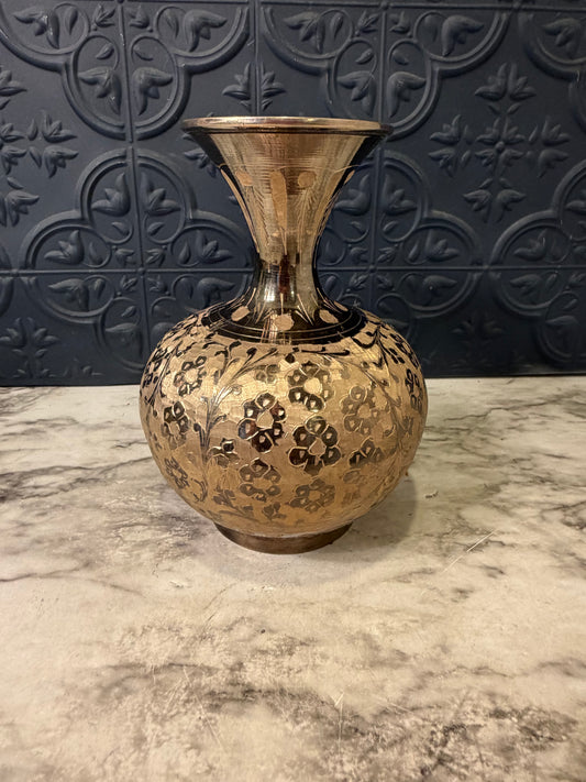 Brass Vase with Etched Flowers and Round Bottom