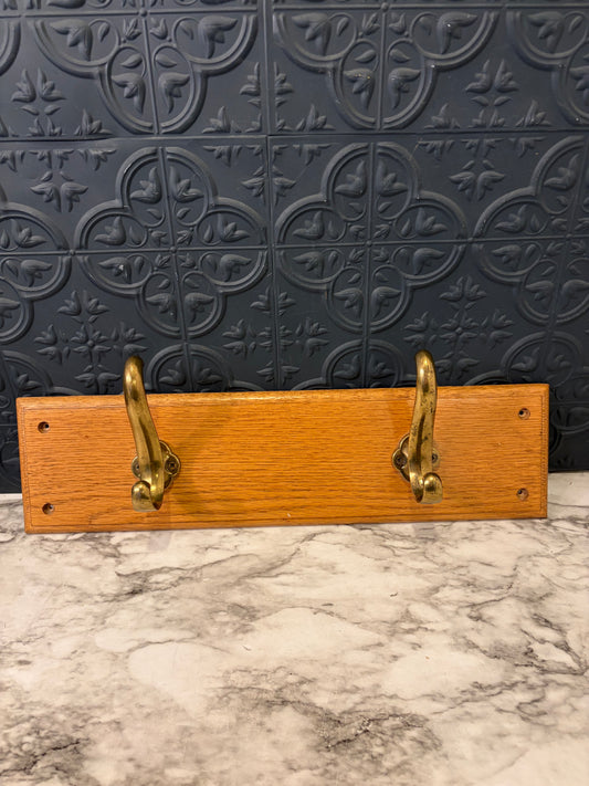 17.5 Oak Wall Coat Rack with Brass Hooks  (2 )