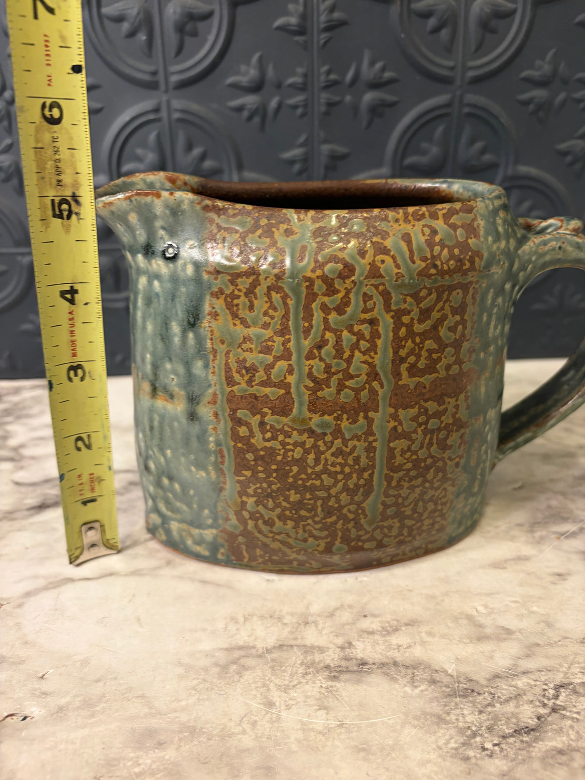 Blue and Brown Glazed Pottery Pitcher