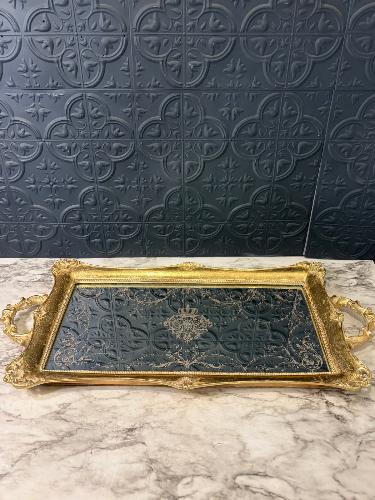 Rectangle Ornate Gold Tone Tray with Gold Design on Mirror AS IS