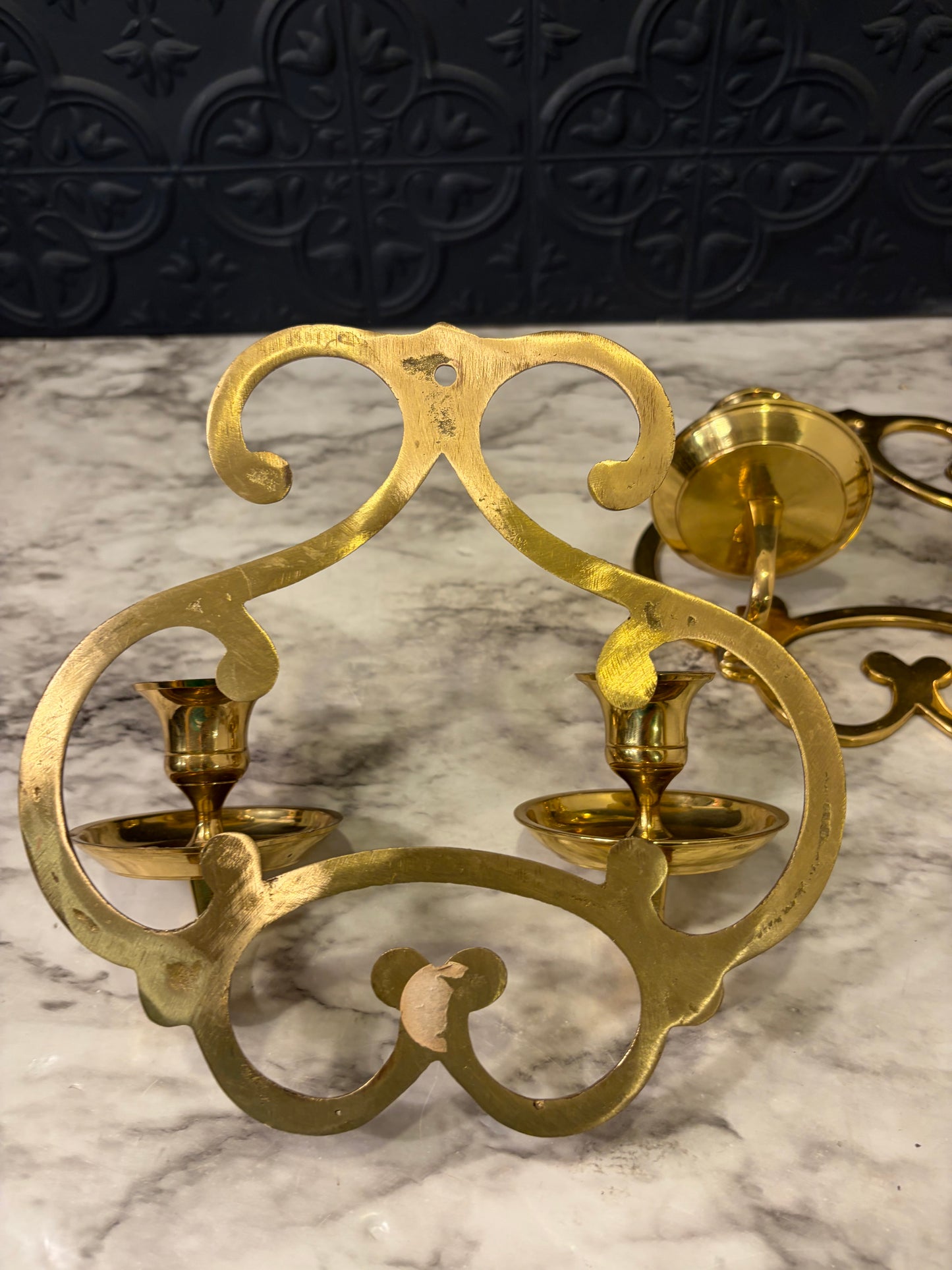 Hollywood Regency Double Brass Candle Sconce Set of 2