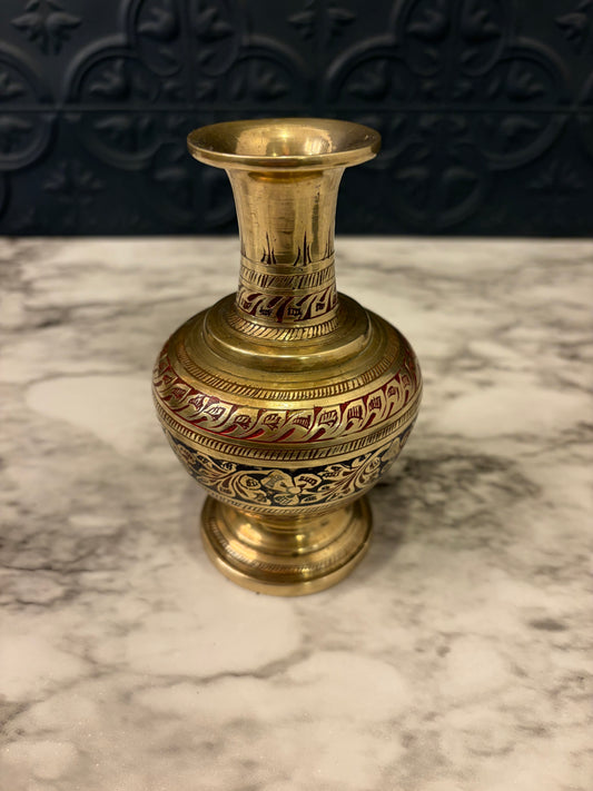 Brass Vase Etched Blue and Red 5"
