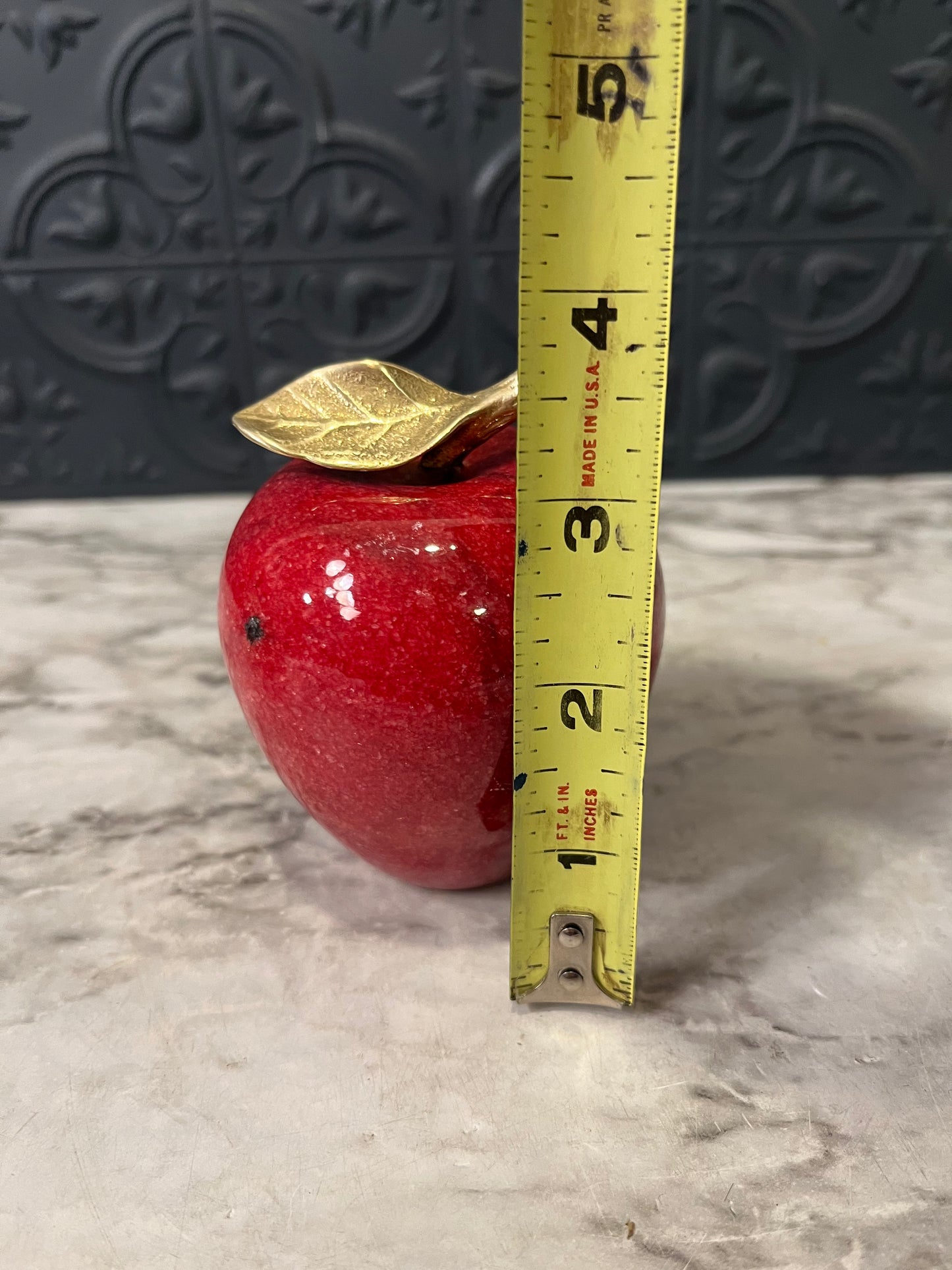 Red Marble Apple with Brass Leaf