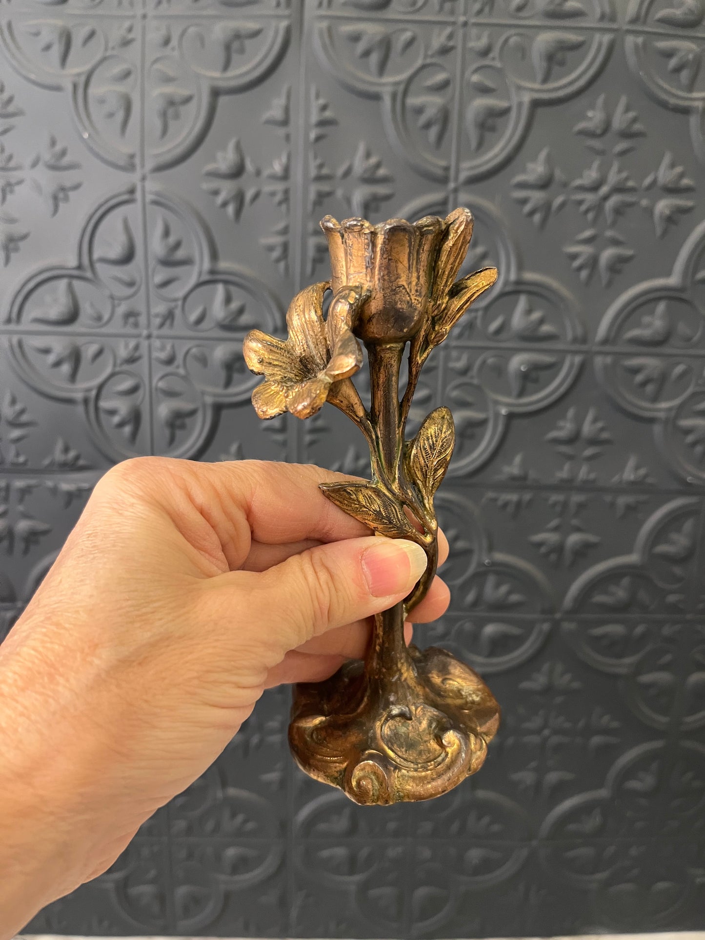 Brass Art Nouveau Candlestick set with flowers