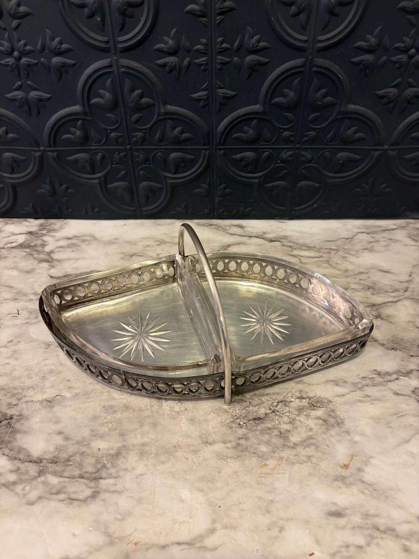 Split Silver Plate and Glass Serving dish with Handle
