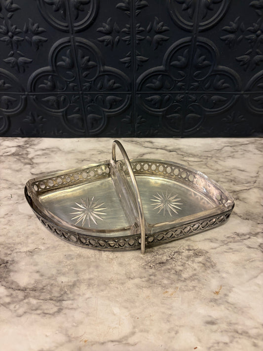 Split Silver Plate and Glass Serving dish with Handle