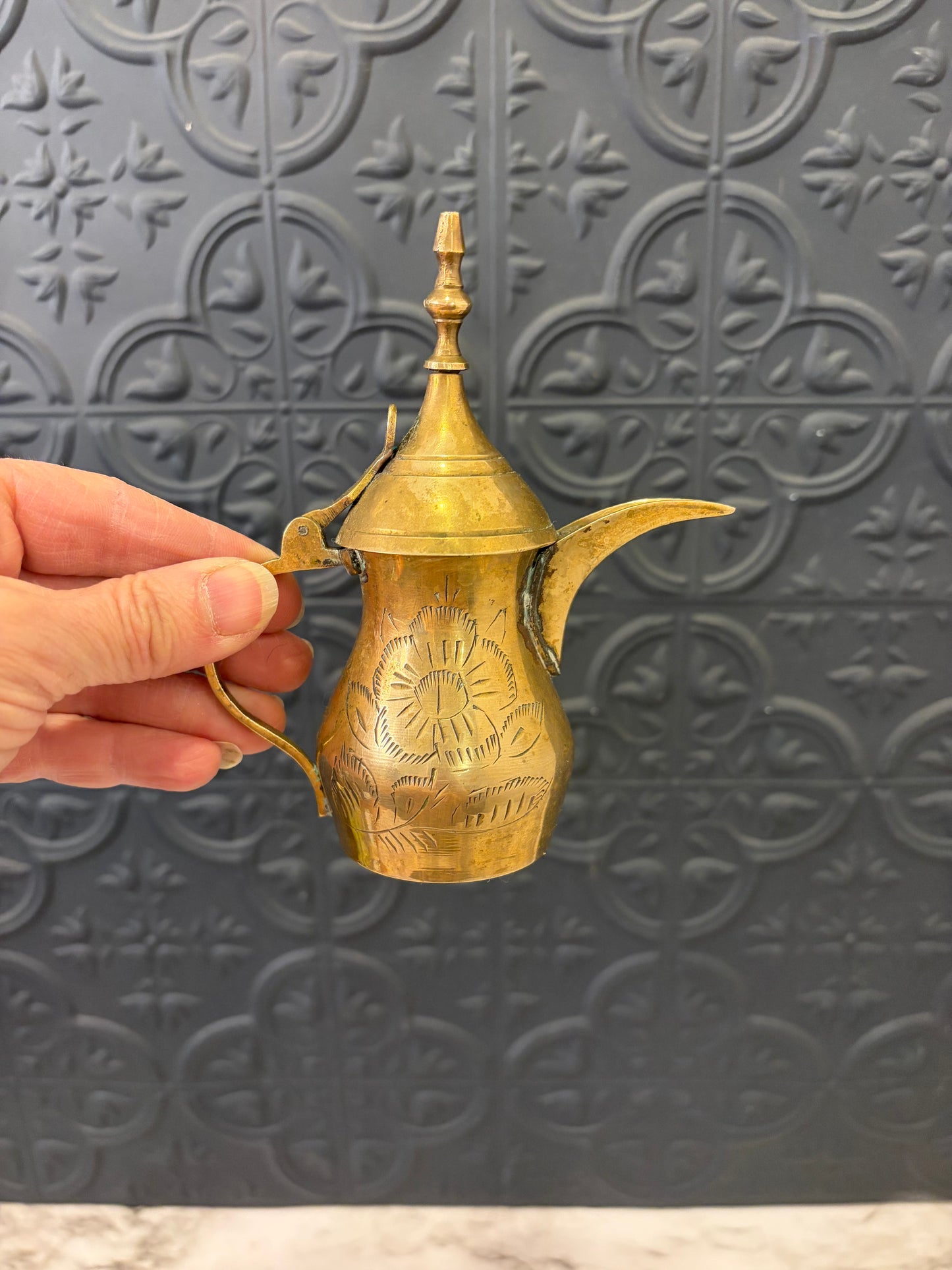 Small Etched Brass Indian Pitcher