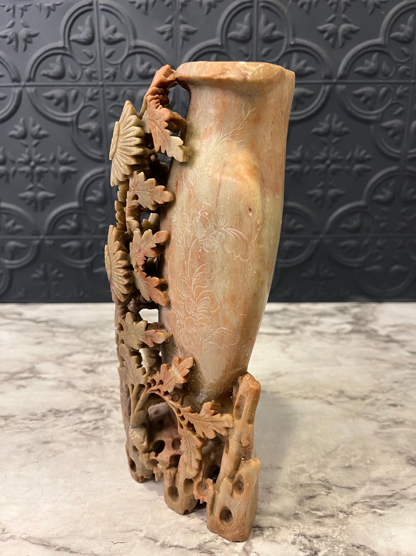Carved Soapstone Vase with Florals Tall