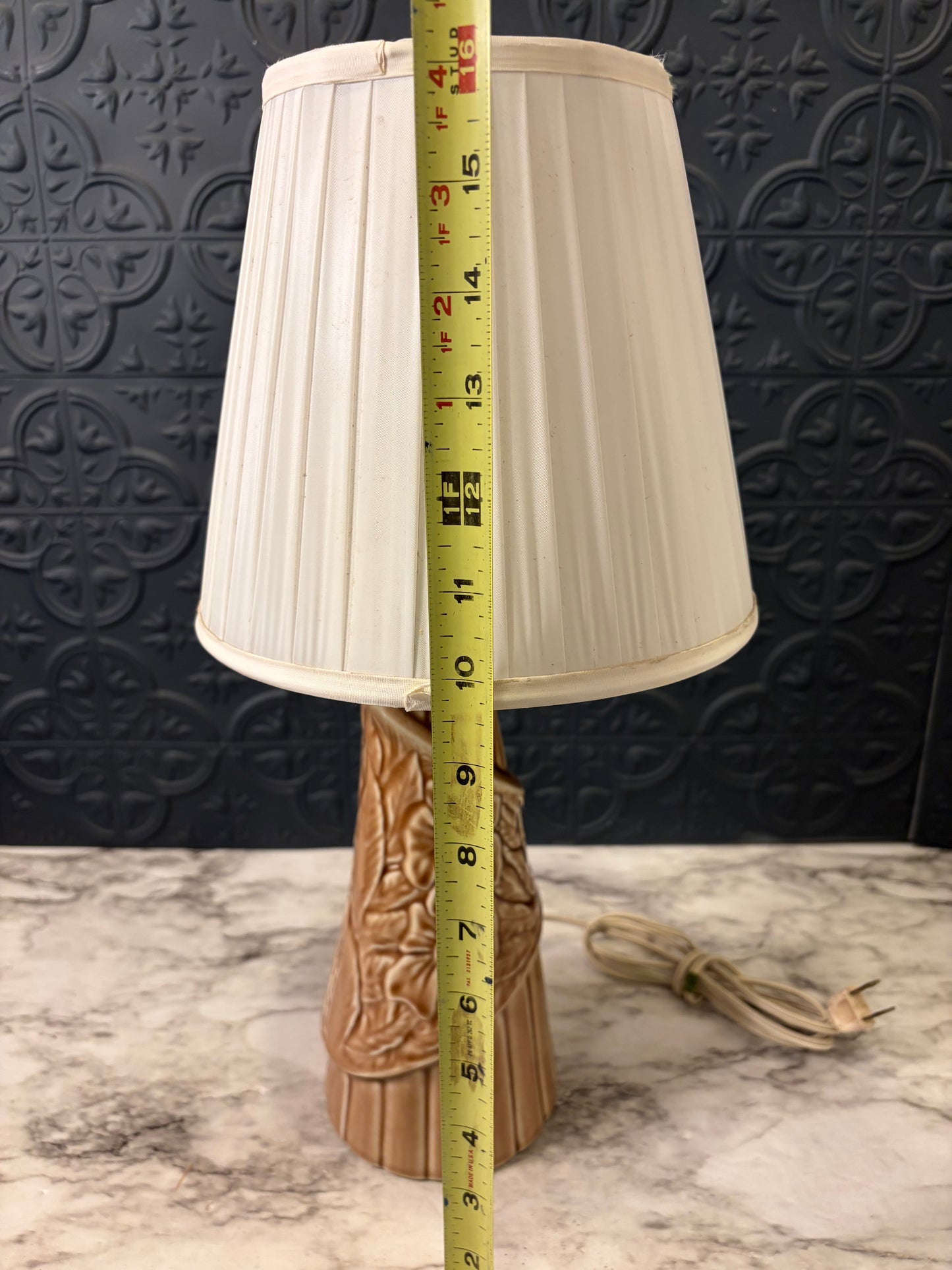 Tan Mid Century Ceramic Lamp with floral Design