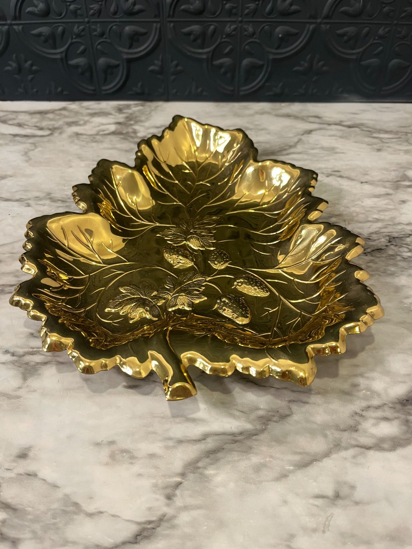 Brass Shaped Leaf Dish with  Strawberries