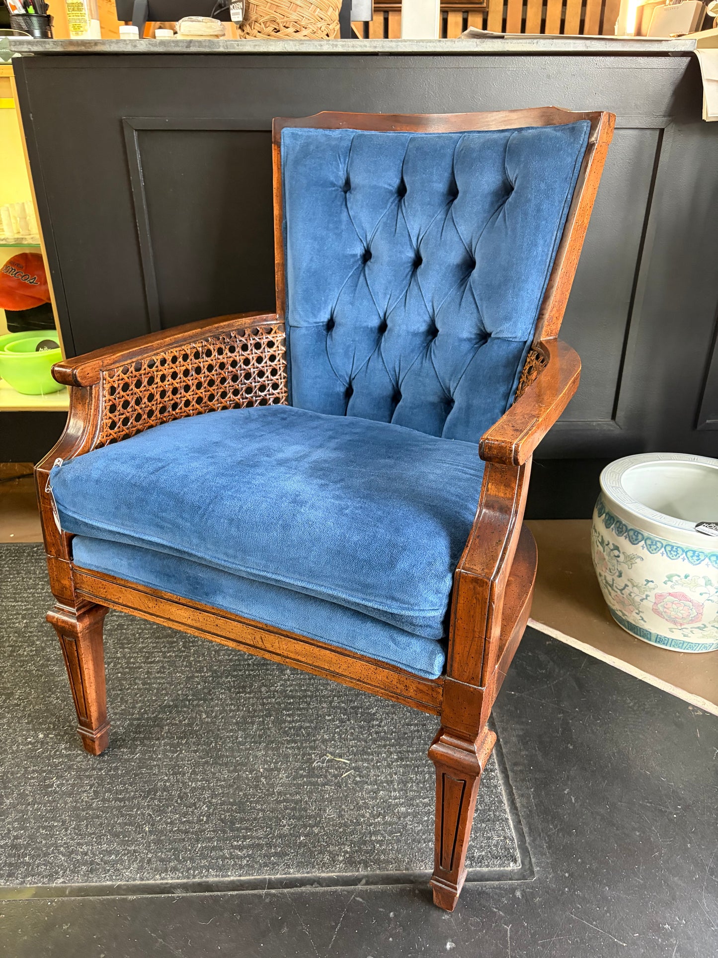 Dark Blue Velvet Tufted Chair with Cane