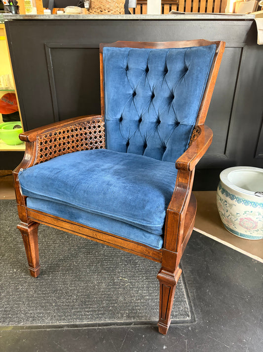 Dark Blue Velvet Tufted Chair with Cane