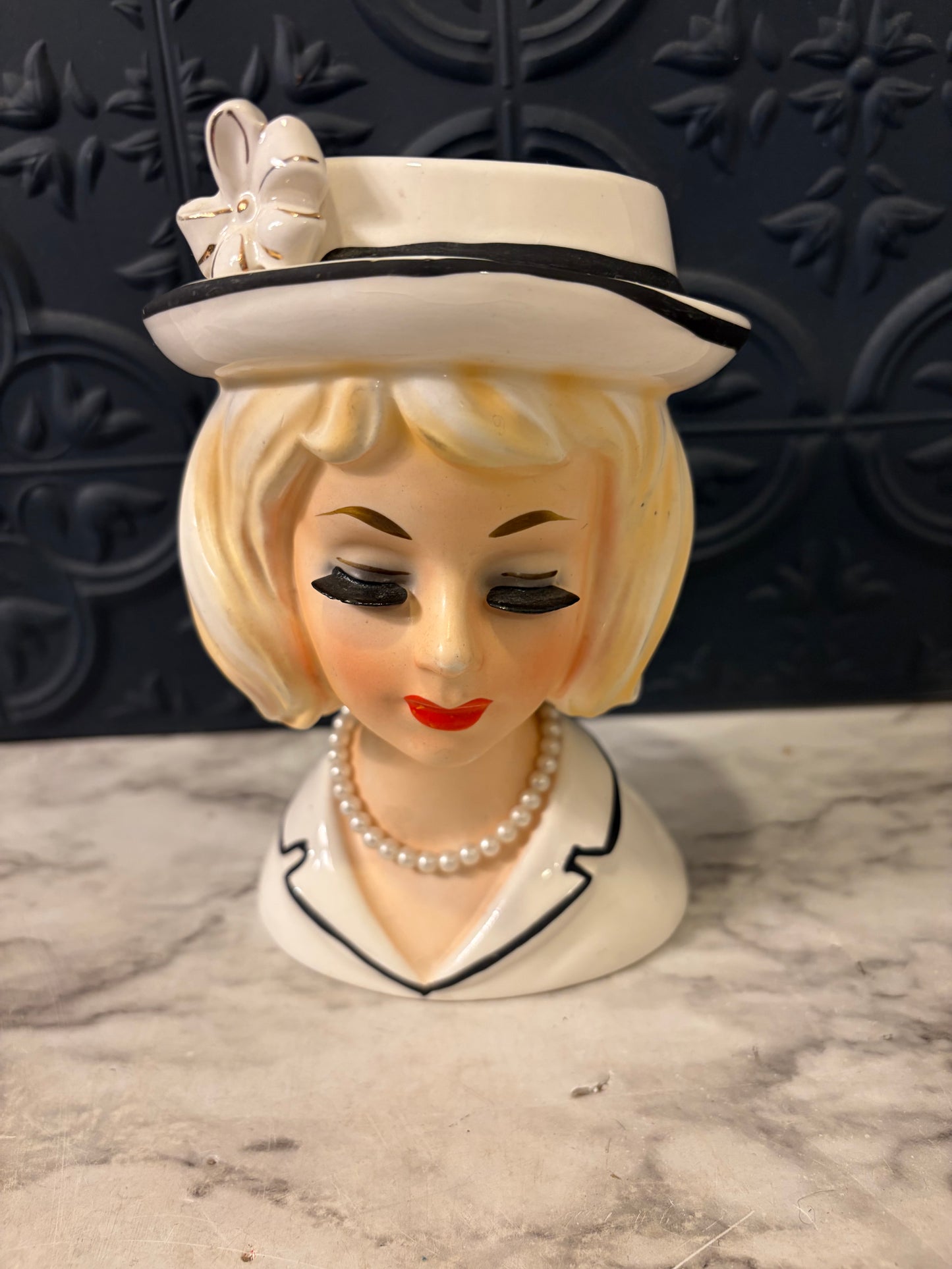 Lady Head Vase with White Hat and Black Trim