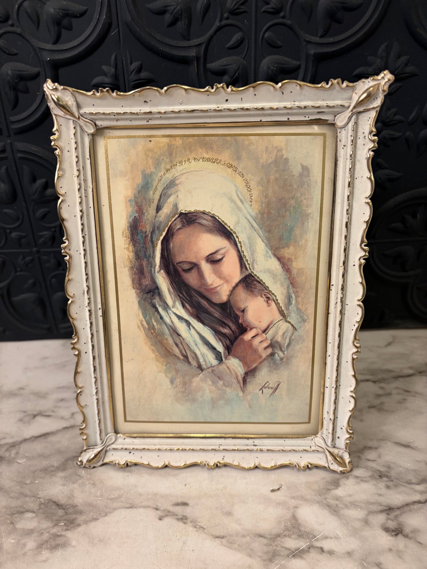 Madonna and Child in antique cream frame
