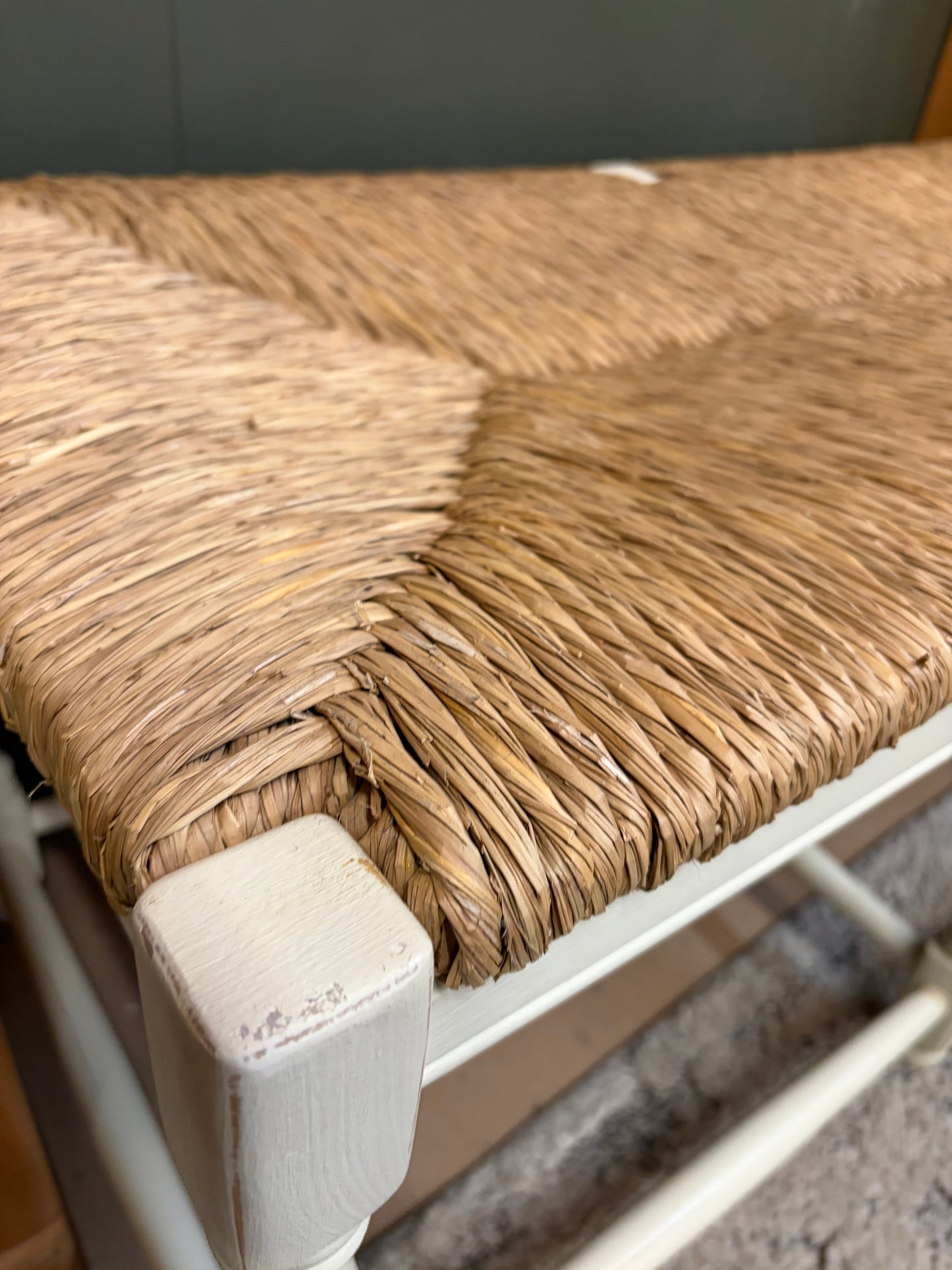 Wicker Bench with White Distressed Legs