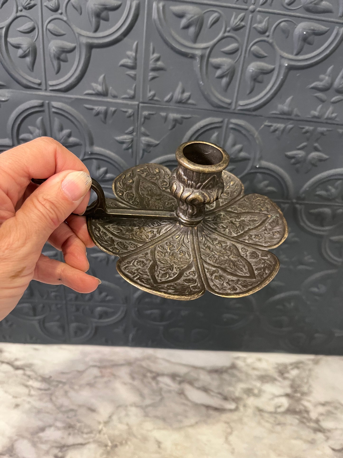 Vintage Flower Design Brass Chamberstick