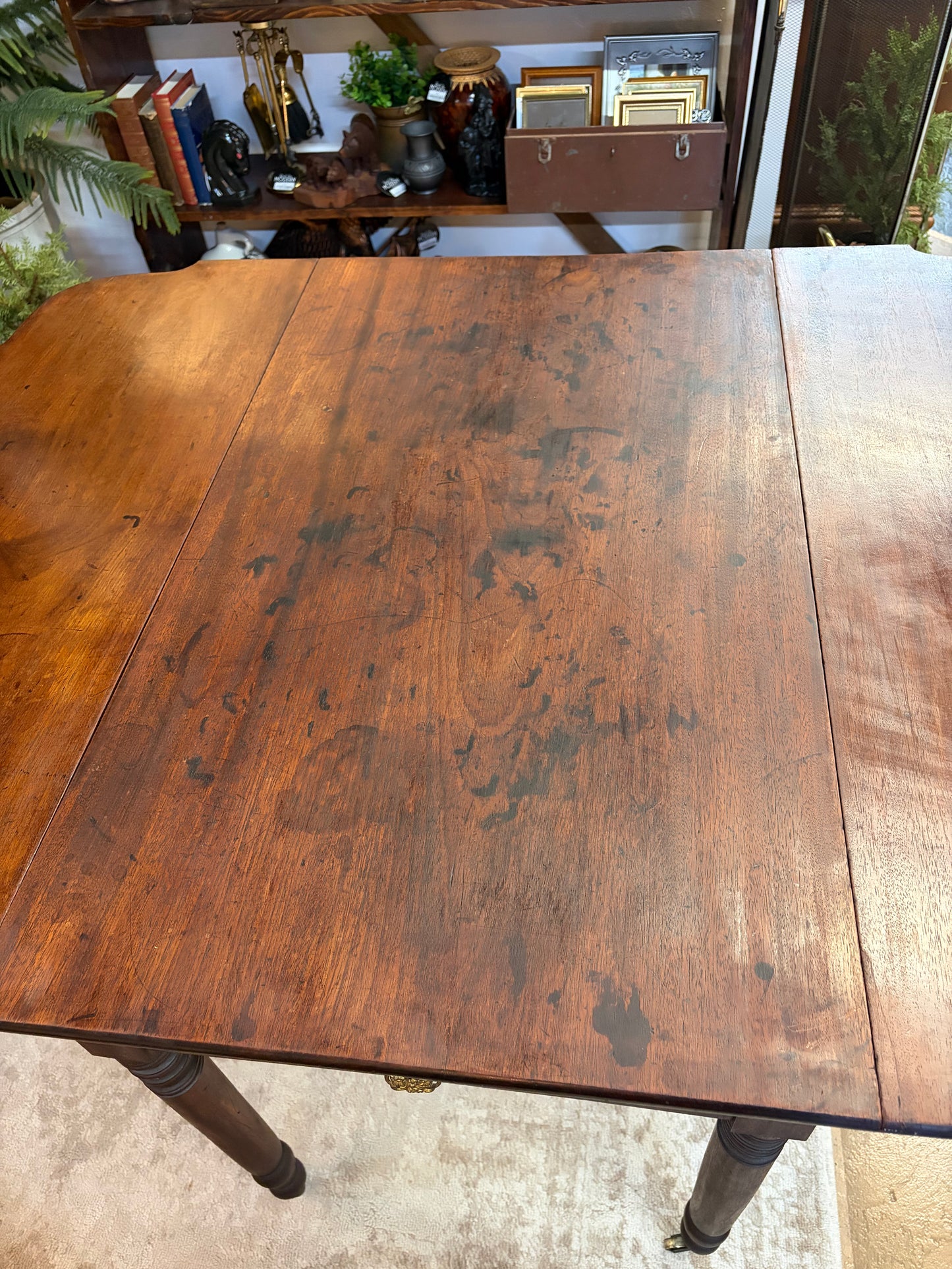 Antique Dark Wood Dinning Table with Folding sides