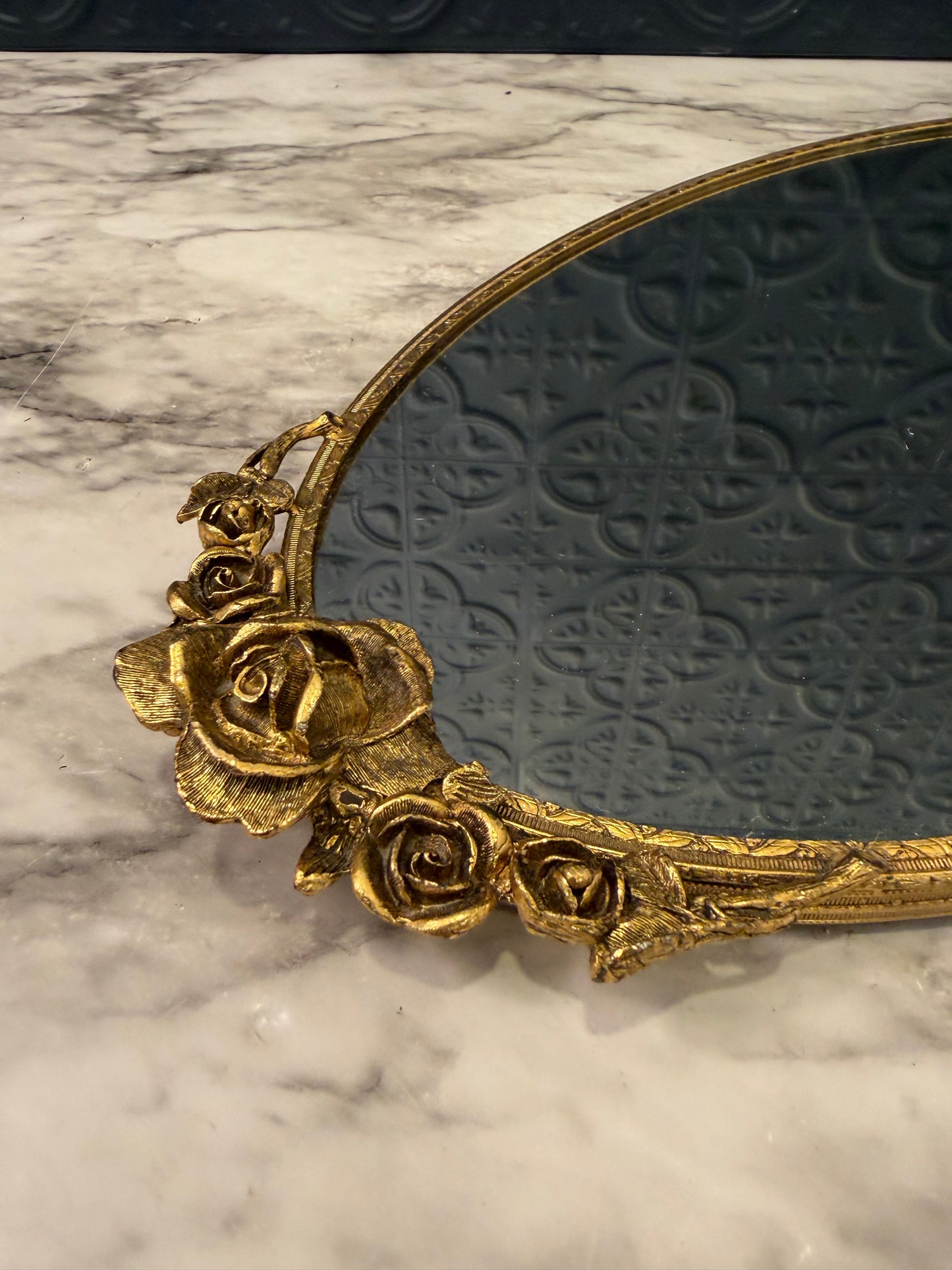 Oval Brass Mirror Tray with Roses 17"
