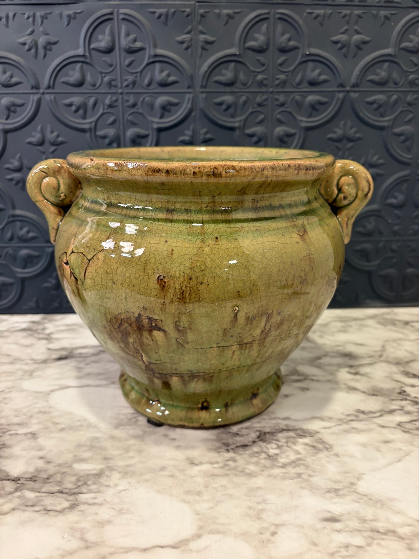 Green Glazed Pottery Pot with Handles